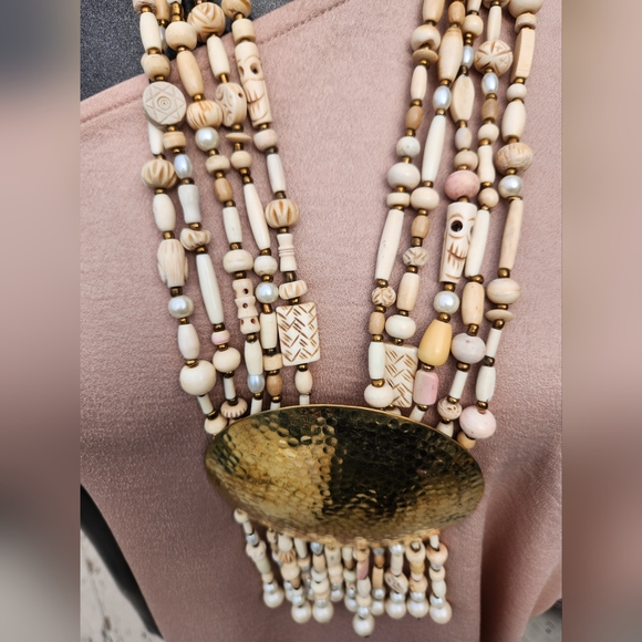 Neutral Beaded Statement Necklace with Bold Medallion 😍 - Picture 13 of 17